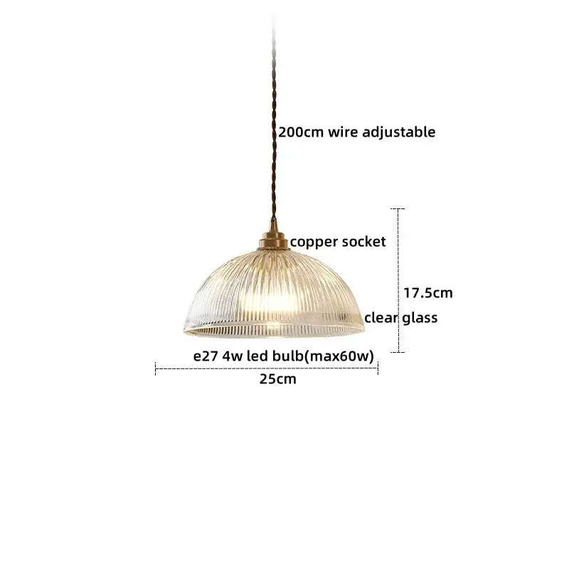 Vintage brass fluted glass led pendant with clear ribbed glass shade and copper socket for dining room lighting