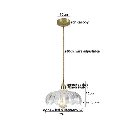 Vintage brass fluted glass led pendant with clear petal-shaped shade and adjustable 200cm wire for dining room lighting
