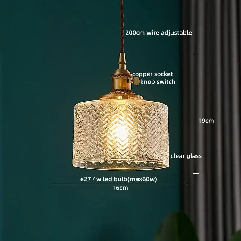 Vintage brass fluted glass led pendant featuring clear textured chevron glass and brass copper socket for dining room use