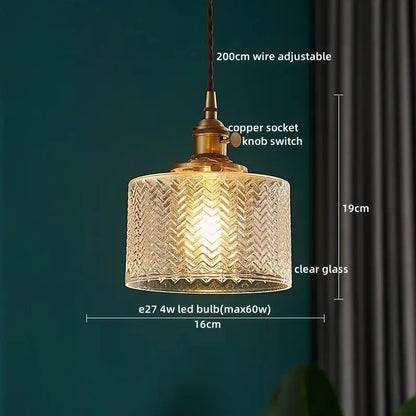 Vintage brass fluted glass led pendant featuring clear textured chevron glass and brass copper socket for dining room use