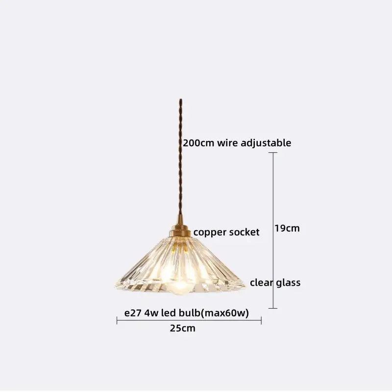 Vintage brass fluted glass led pendant with clear glass led pendant lamp copper socket and 200cm adjustable wire