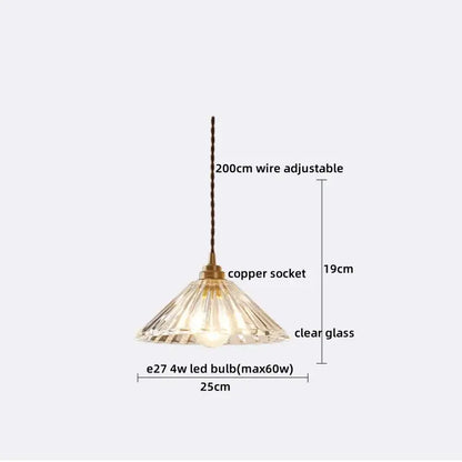 Vintage brass fluted glass led pendant with clear glass led pendant lamp copper socket and 200cm adjustable wire