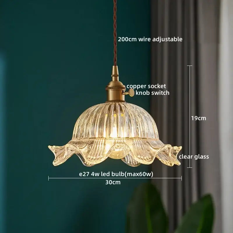 Vintage brass fluted glass led pendant light with clear fluted glass and brass hardware for dining room use