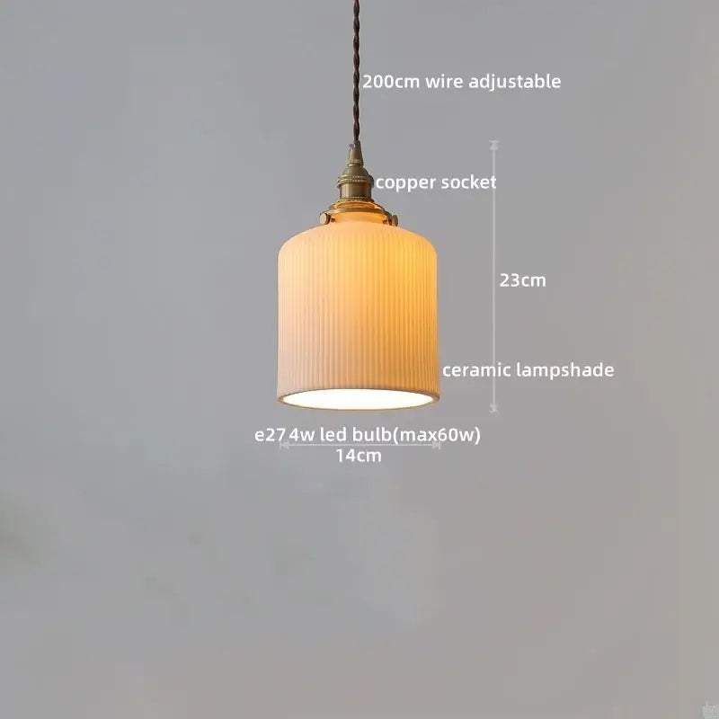Warm-toned ceramic lampshade with vertical ridges on vintage brass fluted glass led pendant with adjustable copper wire