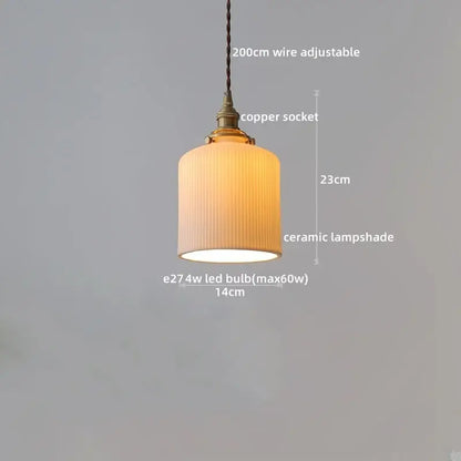 Warm-toned ceramic lampshade with vertical ridges on vintage brass fluted glass led pendant with adjustable copper wire