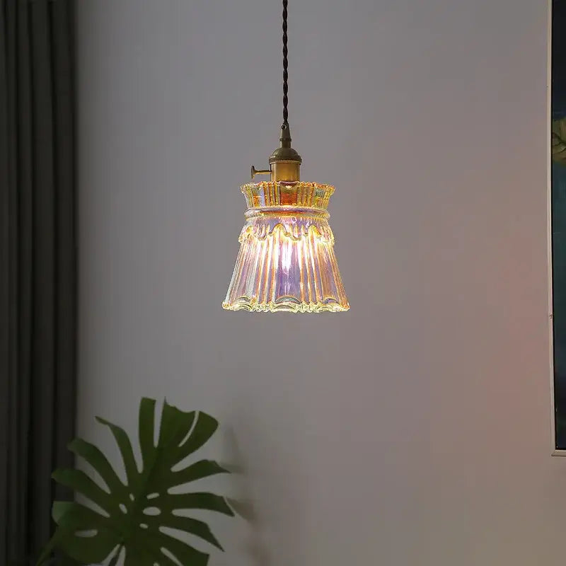 Vintage brass fluted glass led pendant with amber shade and brass hardware ideal for dining room lighting