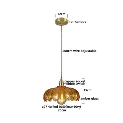 Vintage brass fluted glass led pendant with warm amber glass, brass iron canopy, and adjustable 200cm wire for dining room