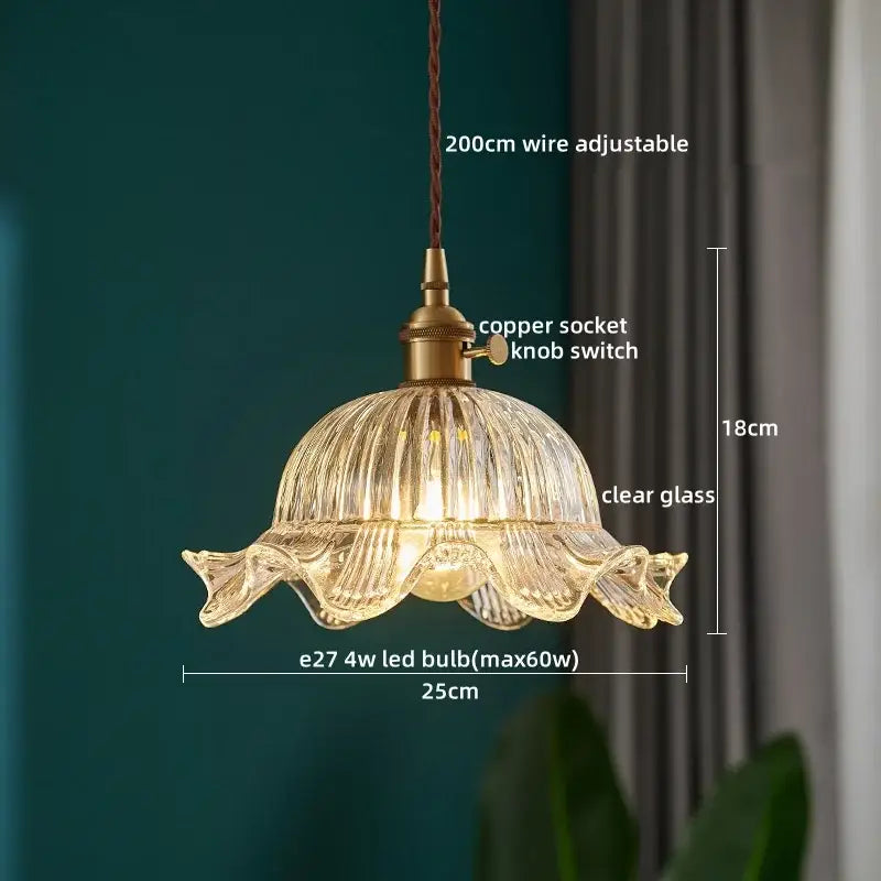 Vintage brass fluted glass led pendant with clear fluted glass and brass copper socket for dining room lighting