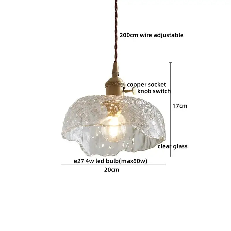 Clear glass led pendant with hammered fluted finish and brass copper socket vintage style for dining room lighting
