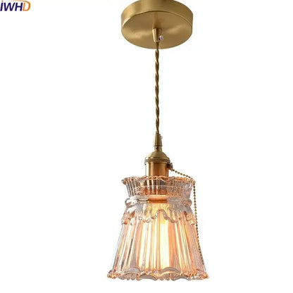 Vintage brass glass led pendant with fluted clear shade and ornate scalloped rim for dining room lighting