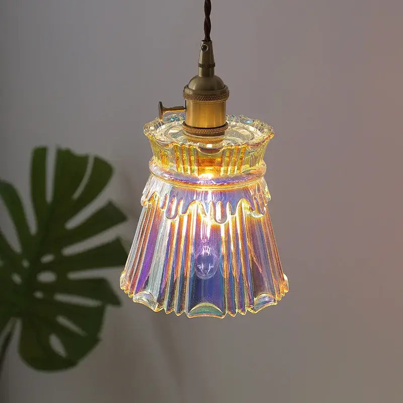 Vintage brass fluted glass led pendant with iridescent glass led pendant lamps and brass-finished socket for dining room use