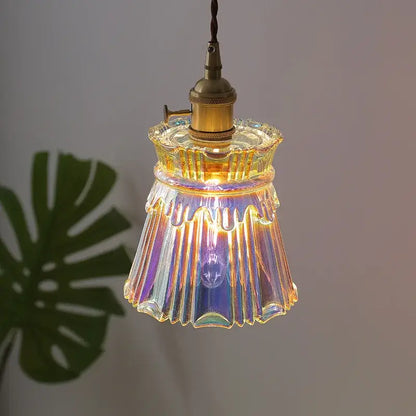 Vintage brass fluted glass led pendant with iridescent glass led pendant lamps and brass-finished socket for dining room use