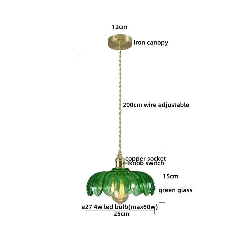 Vintage brass fluted green glass led pendant with copper socket and iron canopy for dining room lighting