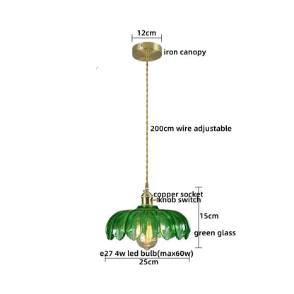 Vintage brass fluted green glass led pendant with copper socket and iron canopy for dining room lighting