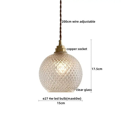 Vintage brass fluted glass led pendant light with textured diamond-patterned glass and brass copper socket for dining room