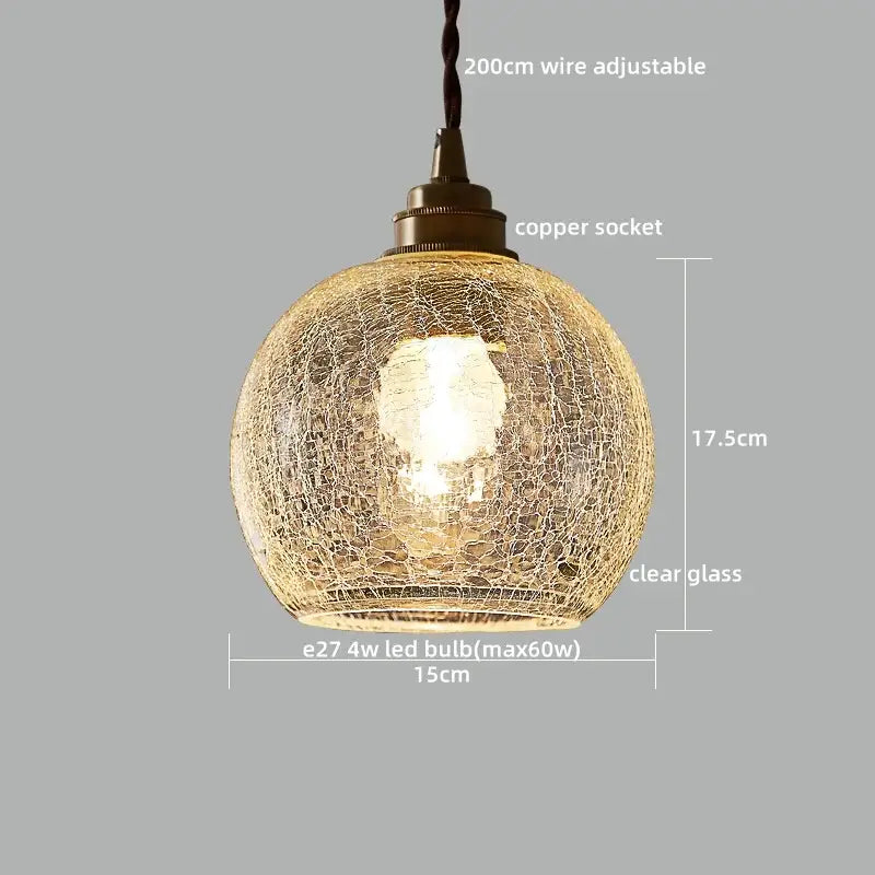 Vintage brass fluted glass led pendant featuring a crackled clear glass led pendant with antique brass copper socket