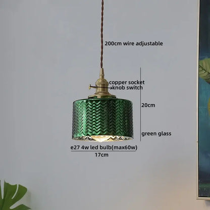 Vintage brass fluted glass led pendant with green textured wavy glass and brass copper socket for dining room lighting