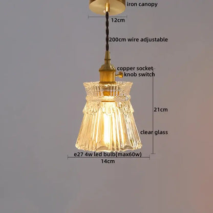 Vintage brass fluted glass led pendant dining room hanging light with clear ribbed glass and brass metal components