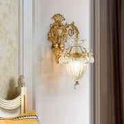 Gold-toned ornate vintage brass wall lamp with fluted glass shade and crystal accents inches high bedroom sconce