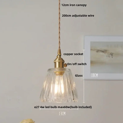 Vintage brass glass led pendant lamp with fluted crystal shade and copper socket for dining room lighting