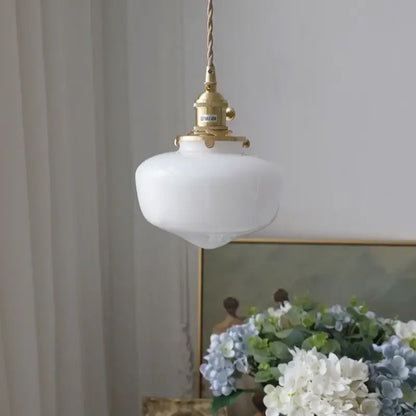 Vintage brass glass led pendant light with frosted white shade and brass hardware for kitchen hanging lamp