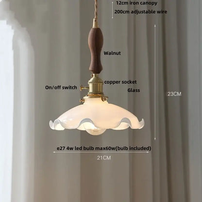 Vintage brass glass led pendant light with walnut handle and frosted scalloped glass shade for kitchen use