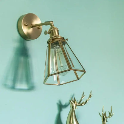 Vintage brass glass led wall light with brass finish geometric glass shade and exposed filament bulb for bathroom mirror decorbites brass glass