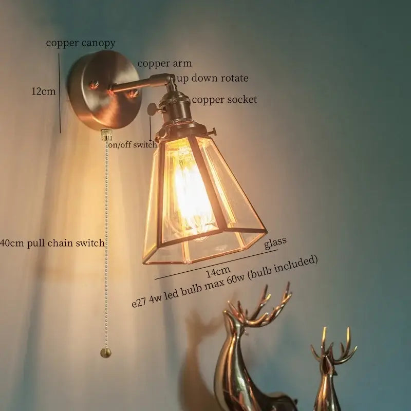 Vintage brass glass led wall light featuring a copper wall sconce with clear glass shade and exposed edison bulb