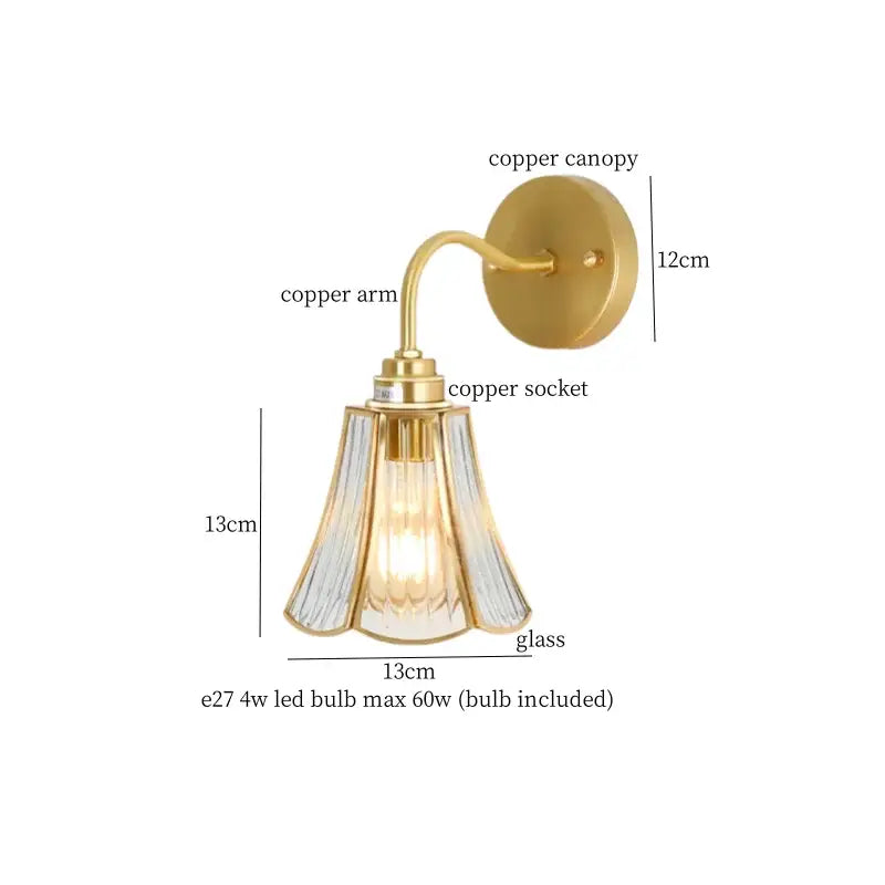 Vintage brass glass led wall light with brass-finished copper canopy and fluted glass shade for bathroom mirror decorbites brass glass