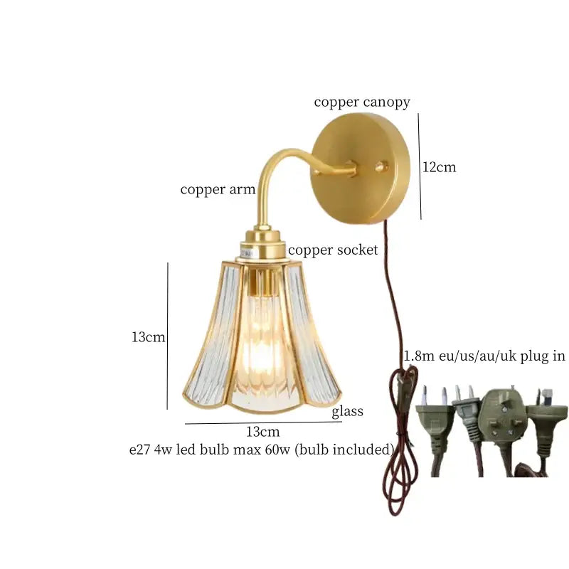 Vintage brass glass led wall light with fluted glass shade and brass copper canopy for bathroom mirror decorbites brass glass
