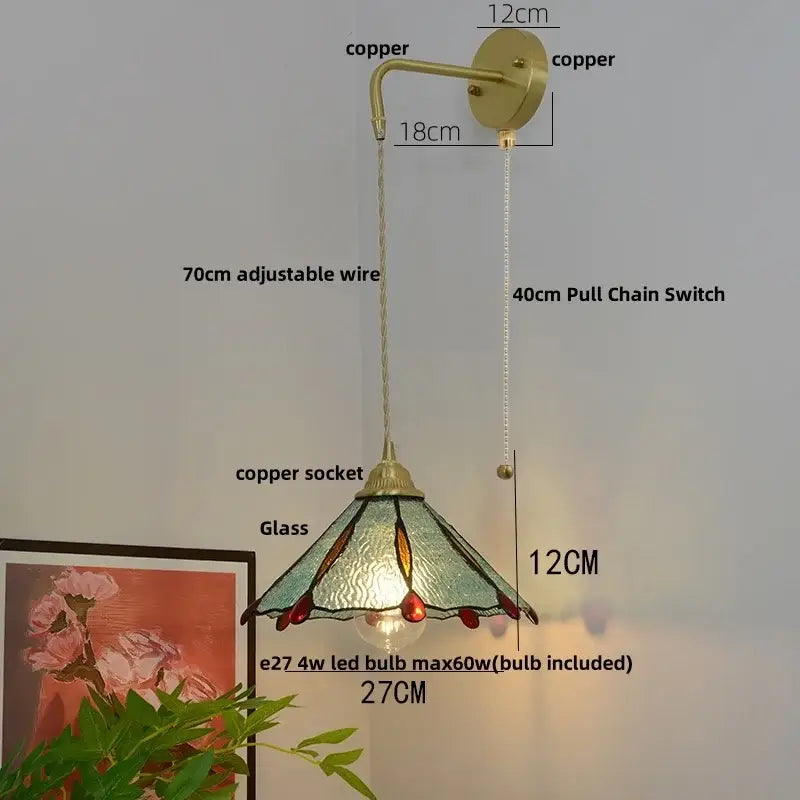 Vintage brass glass led wall sconce with tiffany-style copper and stained glass shade in green amber and red hues by decorbites glass brass