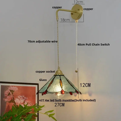 Vintage brass glass led wall sconce with tiffany-style copper and stained glass shade in green amber and red hues by decorbites glass brass