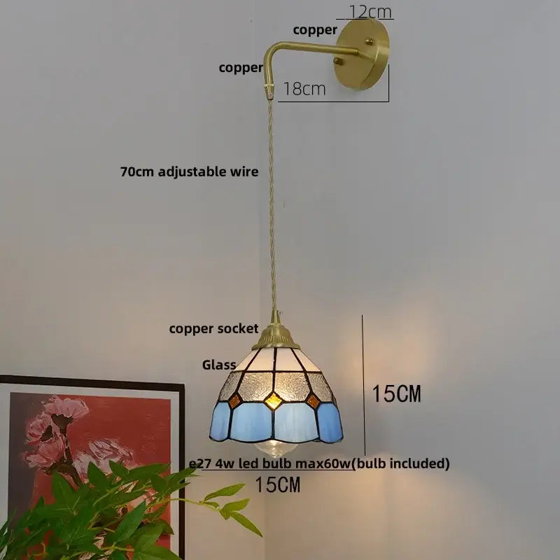 Vintage brass glass led wall sconce with tiffany-style blue and amber stained glass dome and pull chain for bedroom decorbites glass brass