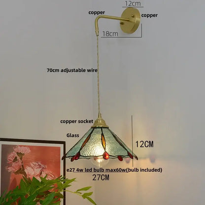 Vintage brass glass led wall sconce with copper pendant and stained glass shade in teal amber with red accents