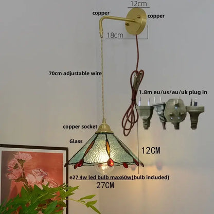 Vintage brass glass led wall sconce with copper pendant and green amber red stained glass shade for bedroom decorbites glass brass