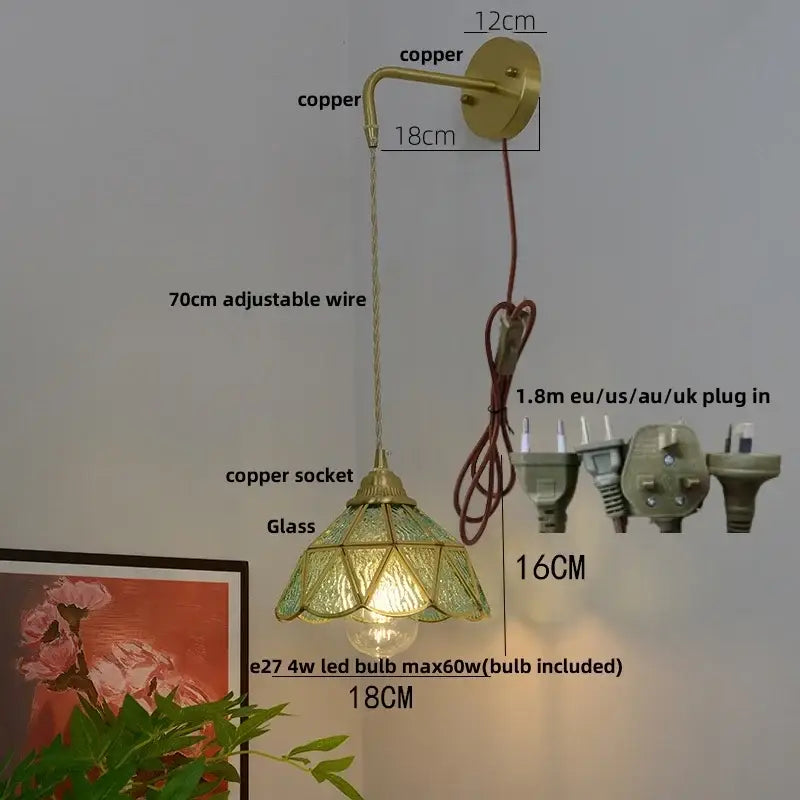 Vintage brass glass led wall sconce with a copper stained glass lampshade and pull chain for bedroom decorbites glass brass lighting