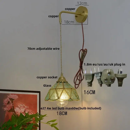 Vintage brass glass led wall sconce with a copper stained glass lampshade and pull chain for bedroom decorbites glass brass lighting