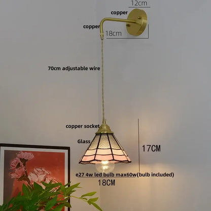 Vintage brass glass led wall sconce with copper finish and pink stained glass shade for bedroom decorbites glass brass lighting
