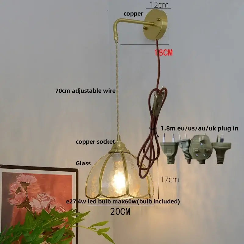 Vintage brass glass led wall sconce with copper finish textured glass shade and adjustable wire for bedroom decorbites glass brass