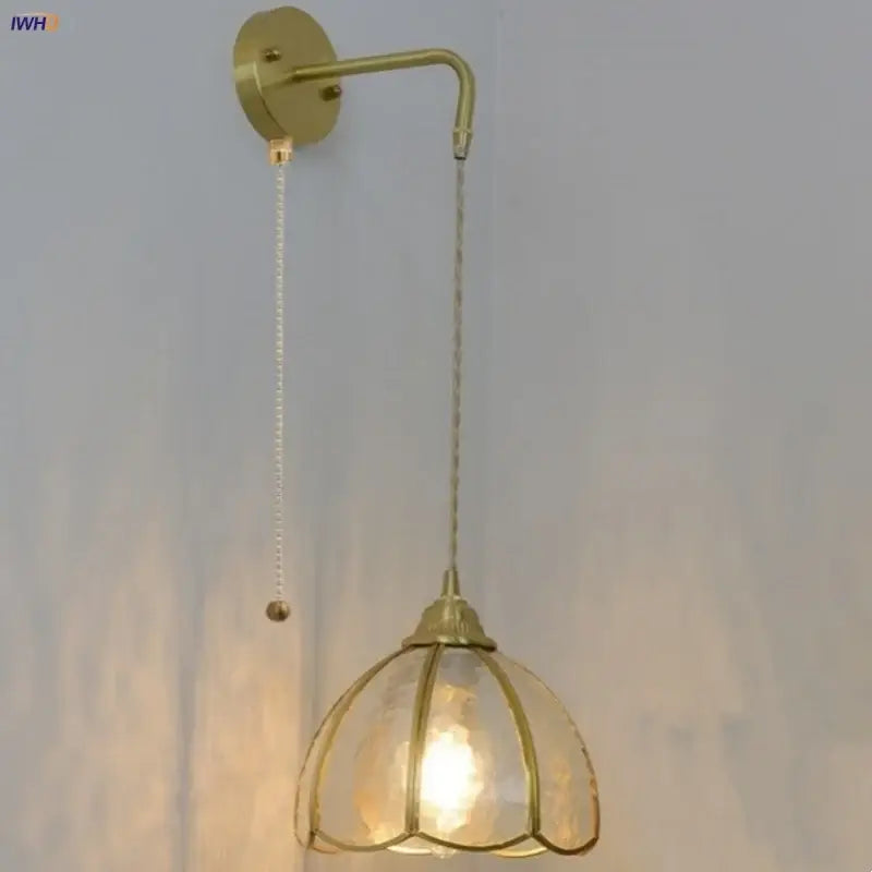 Vintage brass glass led wall sconce with textured glass shade and pull chain switch for bedroom decorbites glass brass lighting