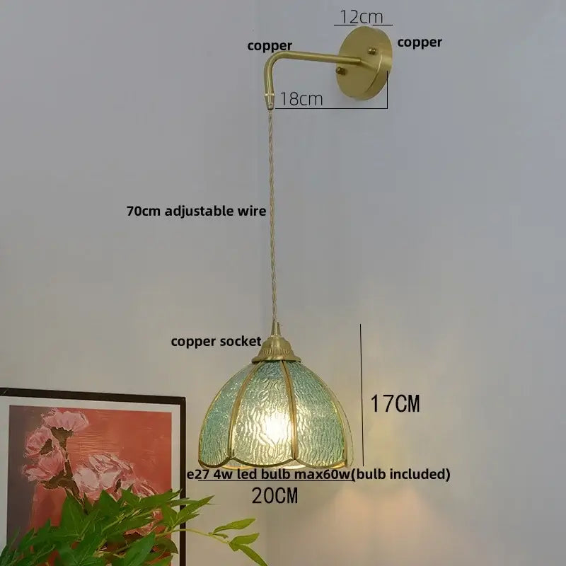 Vintage brass glass led wall sconce with textured green glass shade and adjustable 70cm wire decorbites glass brass