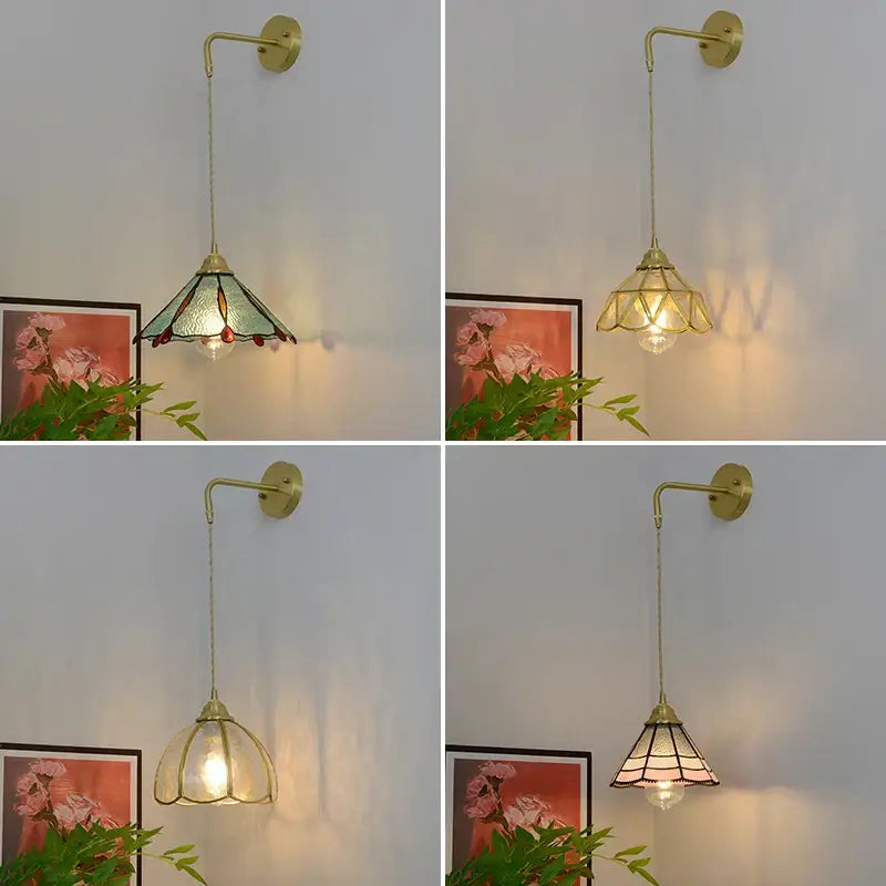 Vintage brass glass led wall sconce with stained glass shades in various patterns for bedroom decorbites glass brass lighting