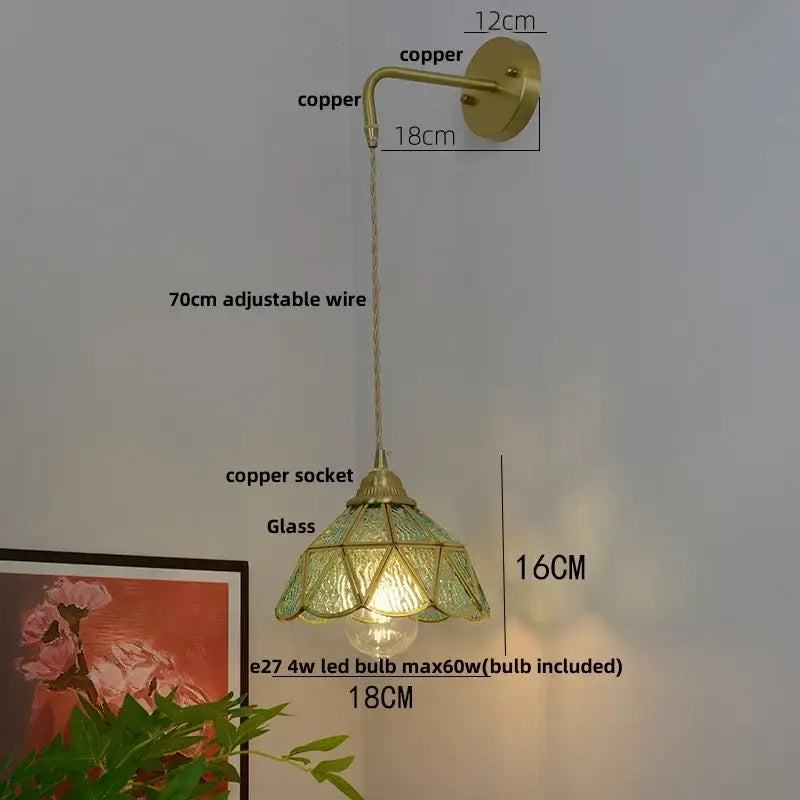 Vintage brass glass led wall sconce with green stained glass shade copper finish and adjustable wire decorbites glass brass