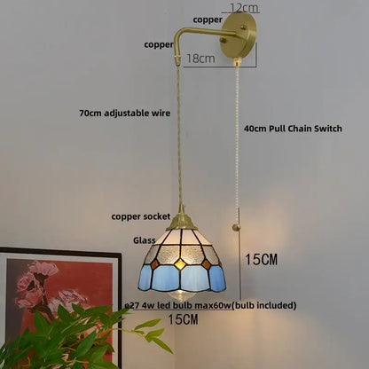 Vintage brass glass led wall sconce bedroom light with pull chain featuring tiffany-style blue and amber glass brass decorbites panel