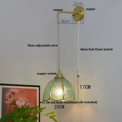 Vintage brass glass led wall sconce with textured green glass shade and adjustable 70cm wire for bedroom decorbites glass brass lighting