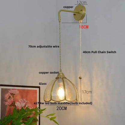 Vintage brass glass led wall sconce with copper finish, glass shade, and pull chain switch for bedroom decorbites glass brass lighting