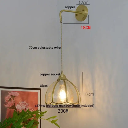 Vintage brass glass led wall sconce with brass-finished copper body glass shade and adjustable wire for bedroom light decorbites glass brass