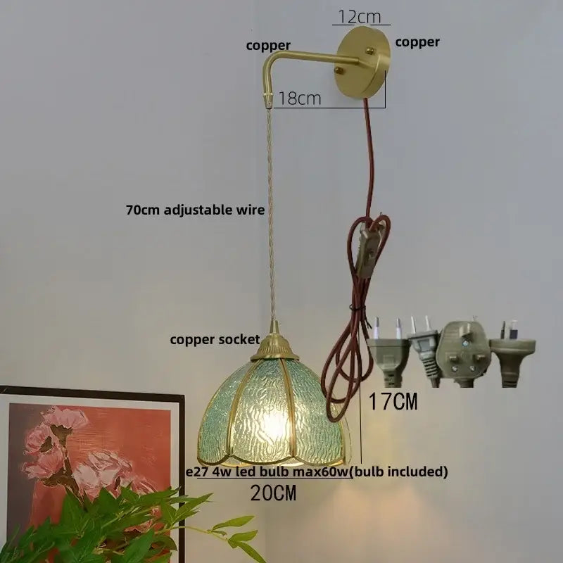 Vintage brass glass led wall sconce with copper finish, textured green glass shade, and adjustable 70cm wire decorbites glass brass