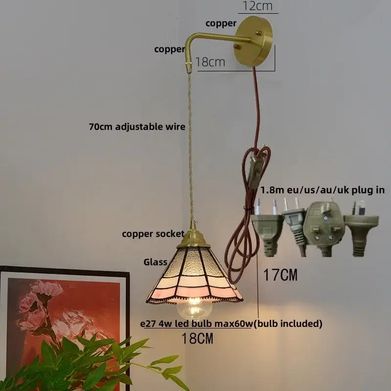 Vintage brass glass led wall sconce with stained glass lampshade and adjustable wire for bedroom decorbites glass brass design