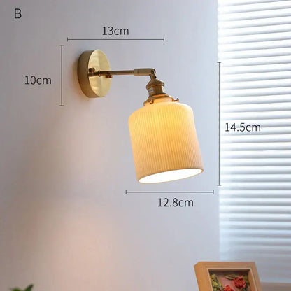 Vintage brass wall sconce with ribbed off-white fabric shade and decorbites copper arm led for bedroom lighting
